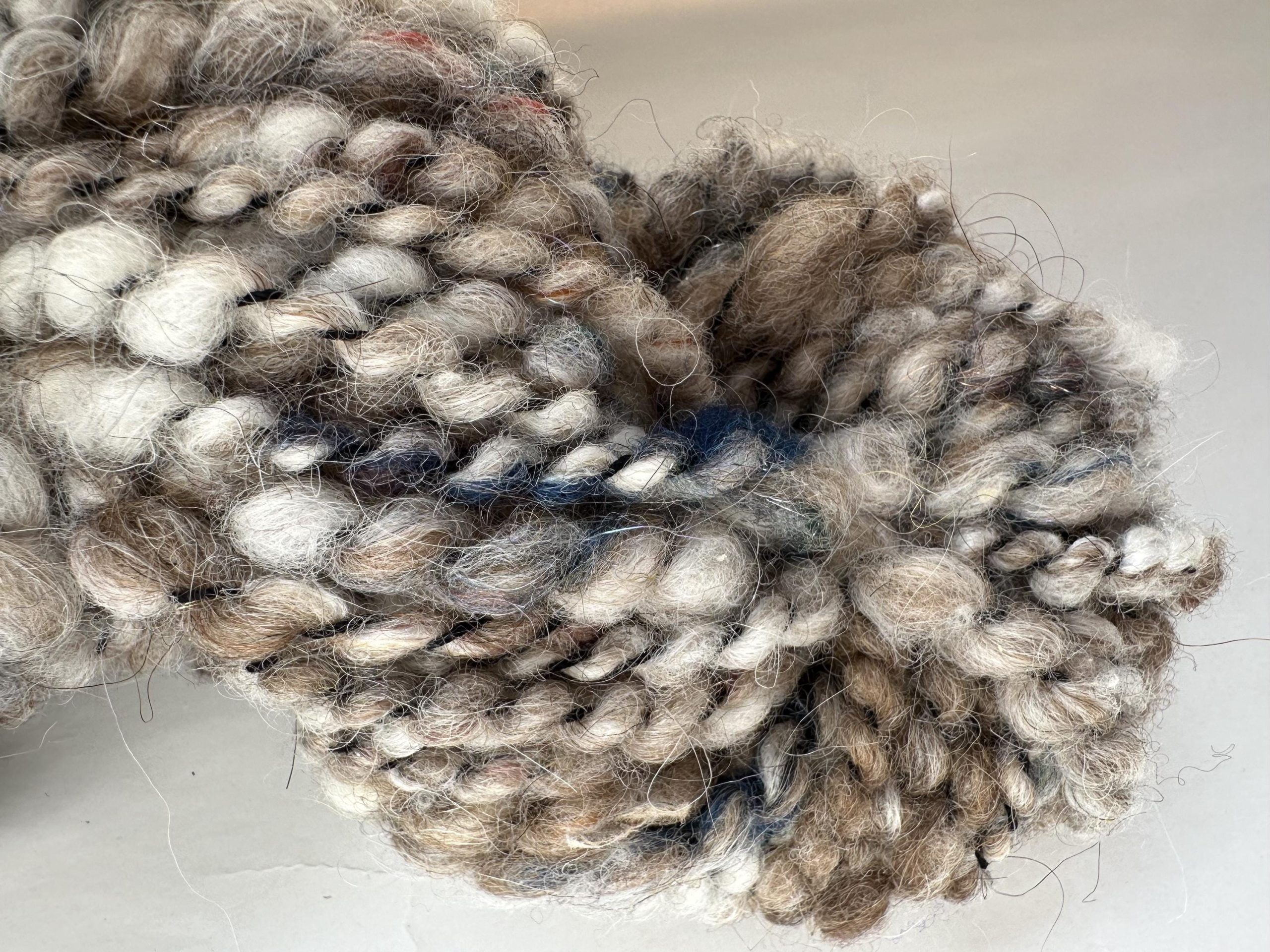 Sand and Stone Boucle Yarn - Natural Brown & Gray with Indigo and Silver Myla, 2-Ply Yarn for Knit, Crochet, Fiber Art